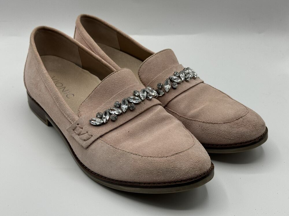 Vionic Avvy Loafers Pink Size 8.5 Suede Jewel Rhinestone Silver Comfort Slip On